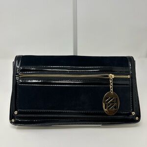 Anne Klein Black Suede Clutch with Gold Detailing and Magnet Closure